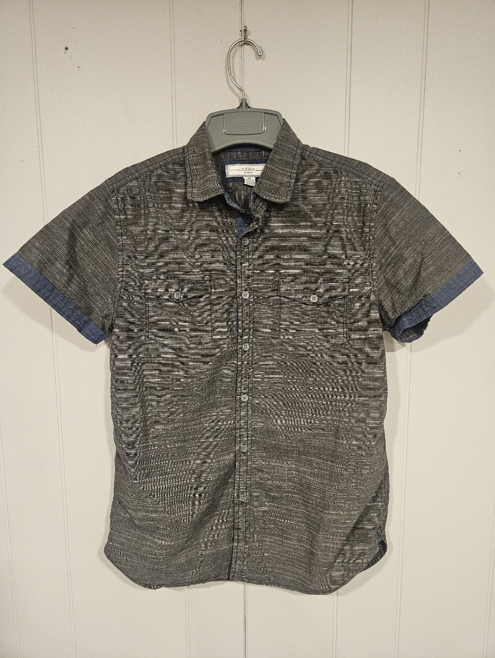 PD&C Stretch Slim Fit Men’s Medium Short Sleeve Gray Striped Button-Up Shirt